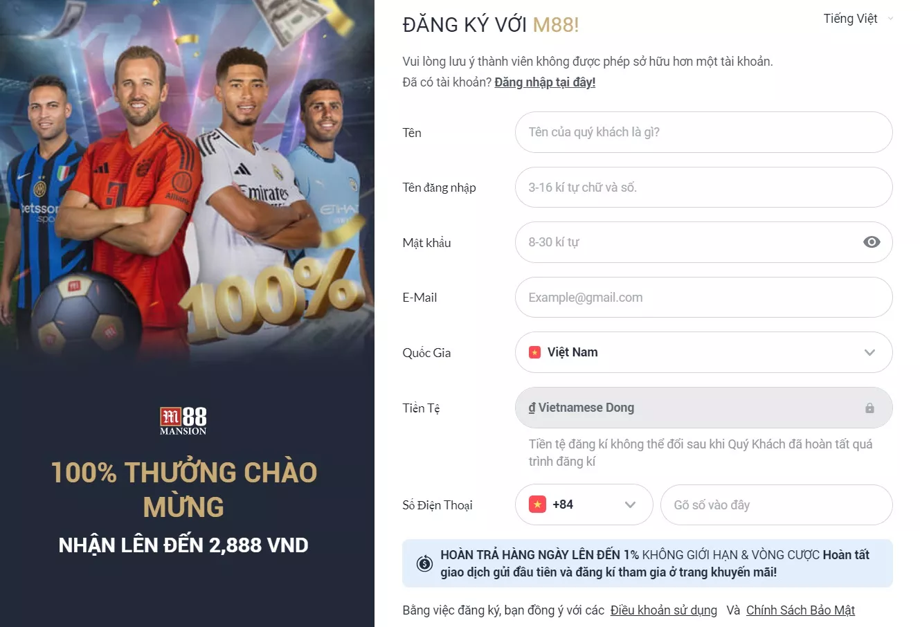 Đăng nhập và đăng ký tại M88 casino